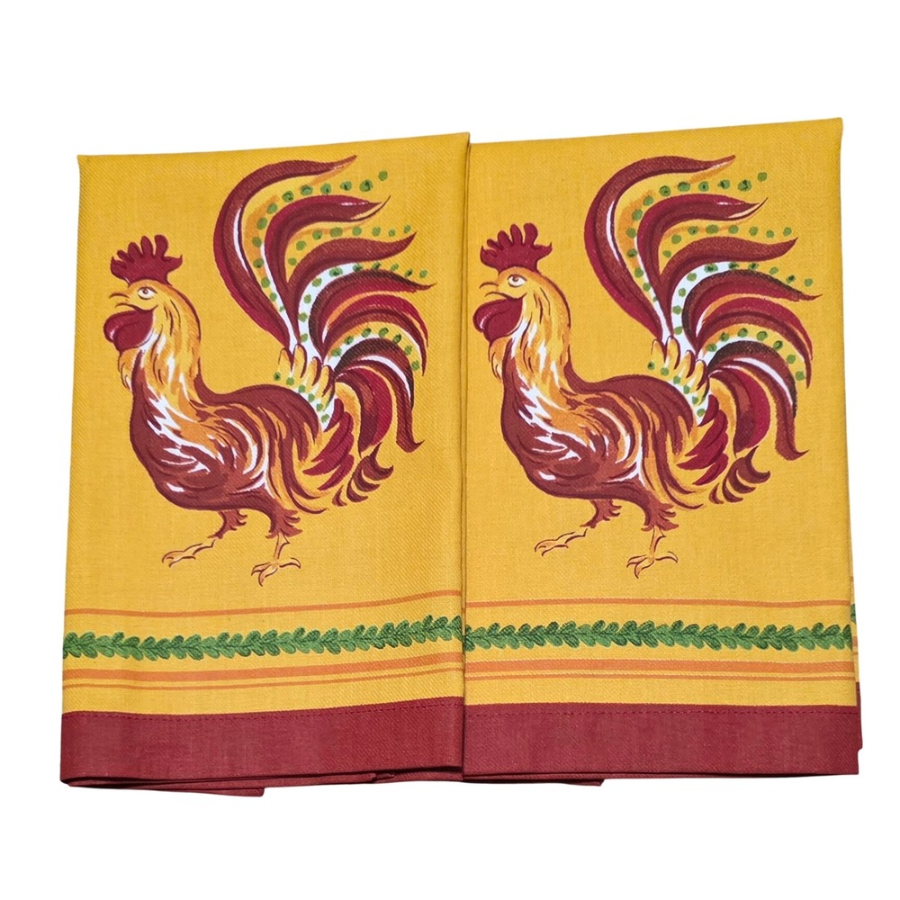 Williams Sonoma Rooster Cotton Napkins Yellow Red French Country Set of 2 NWOT